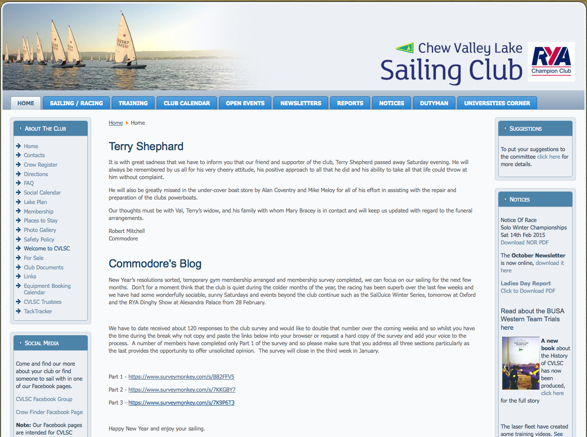 Screen shot of a Joomla Website for Chew Valley Lake Sailing Club, hosted by BitSolver Limited