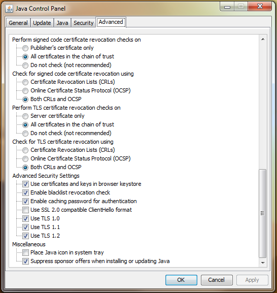 Java Control Panel Advanced tab