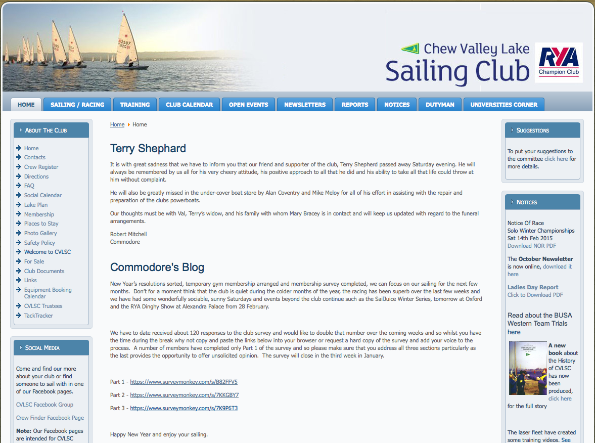 Screen shot of Joomla Website for Chew Valley Lake Sailing Club, hosted by BitSolver Limited